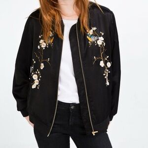 Zara Floral Embroidered Black Bomber Jacket